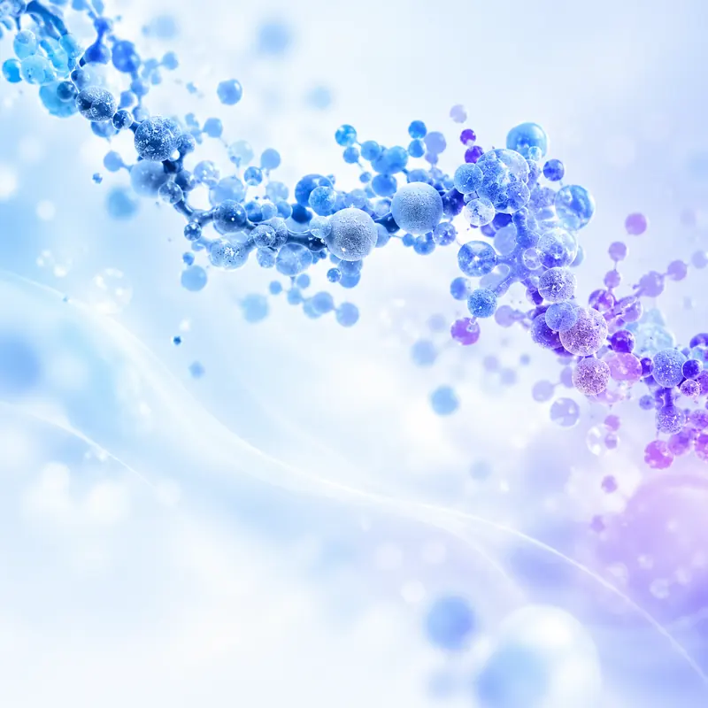 Conceptual blue molecular chain on a pale background.