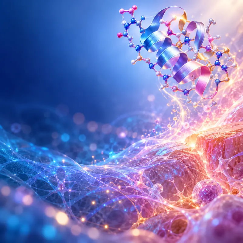 Conceptual molecular chain above a blue and violet network.