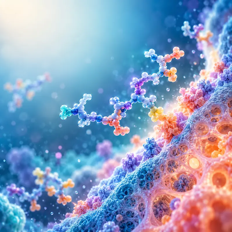 Conceptual molecular chain above a blue cellular landscape.