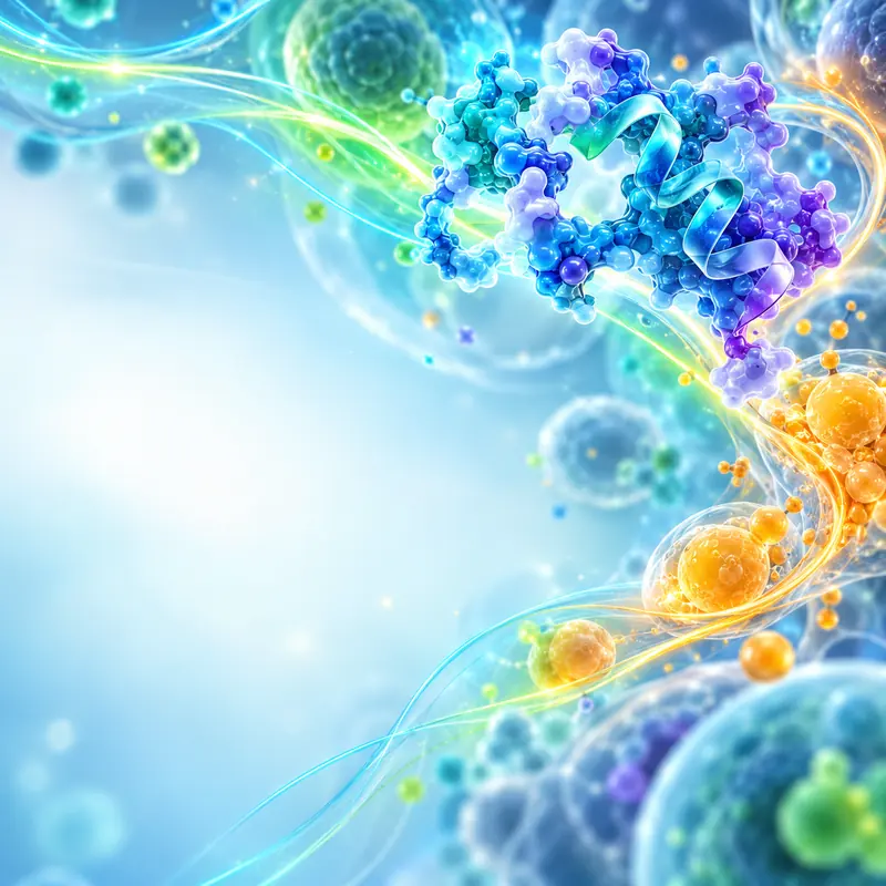 Conceptual cellular forms connected by blue and green molecular patterns.