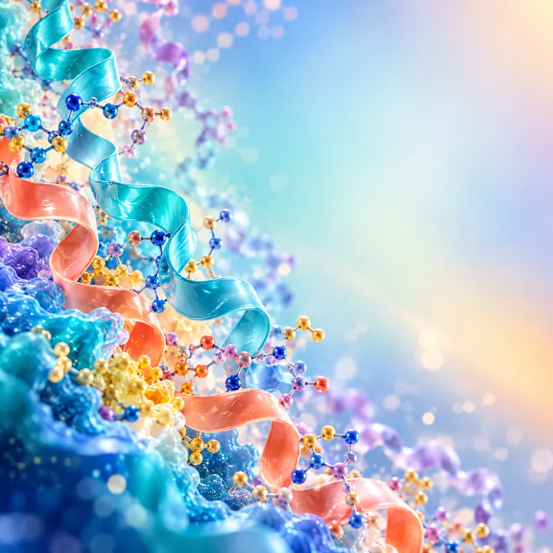 Conceptual colorful protein ribbons and molecular forms.