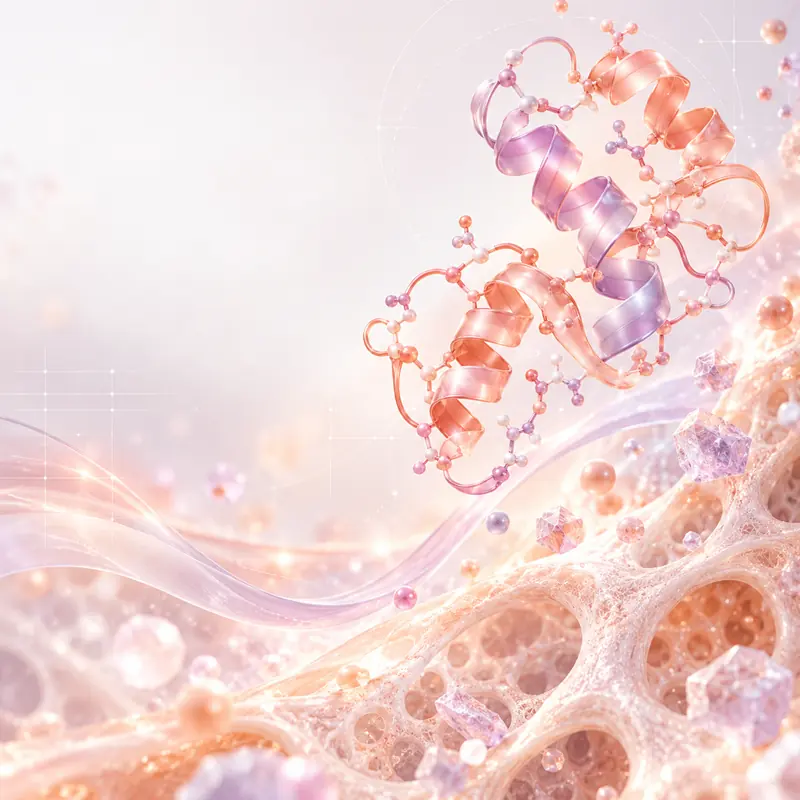 Conceptual coral protein ribbon above pale cellular forms.