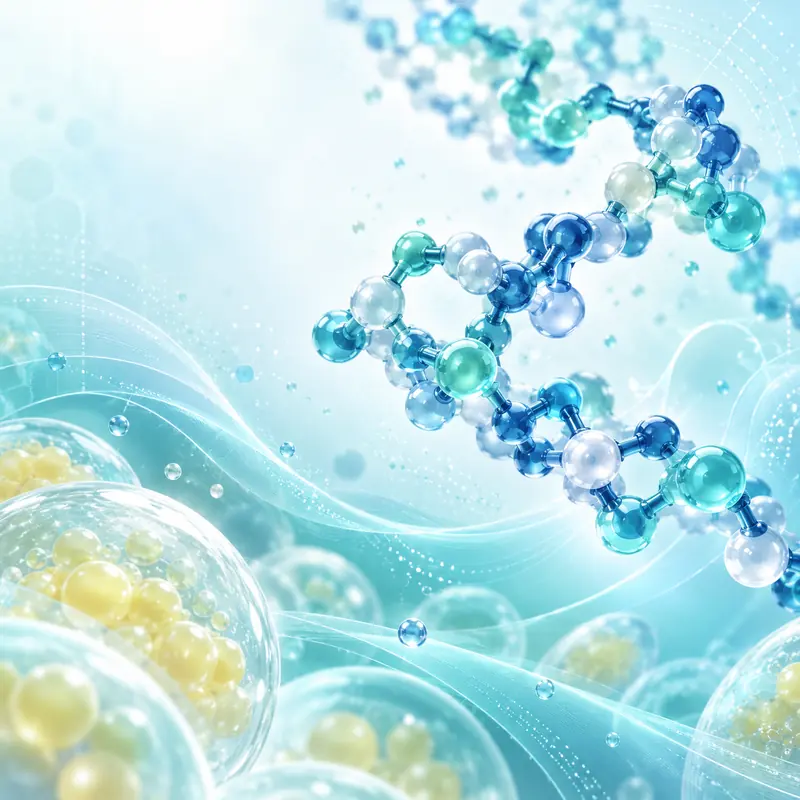 Conceptual cyan molecular chain above a softly colored cellular landscape.