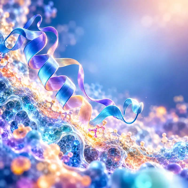 Conceptual blue and violet protein helix in a molecular landscape.