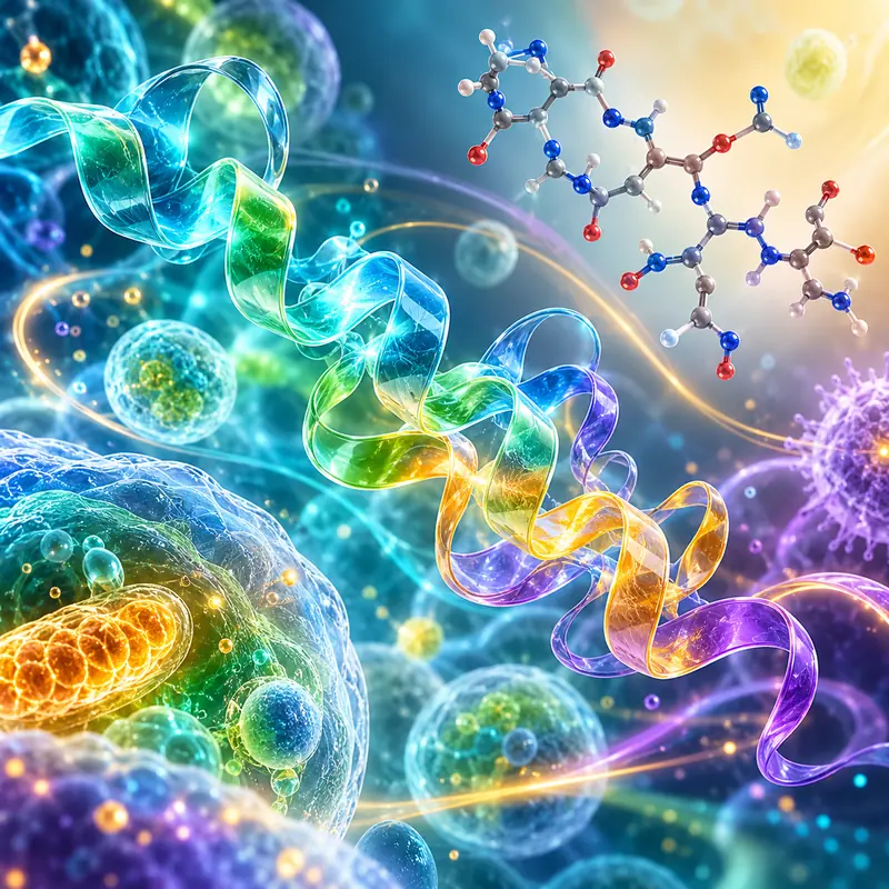 Conceptual multicolored protein ribbon among green cellular forms.