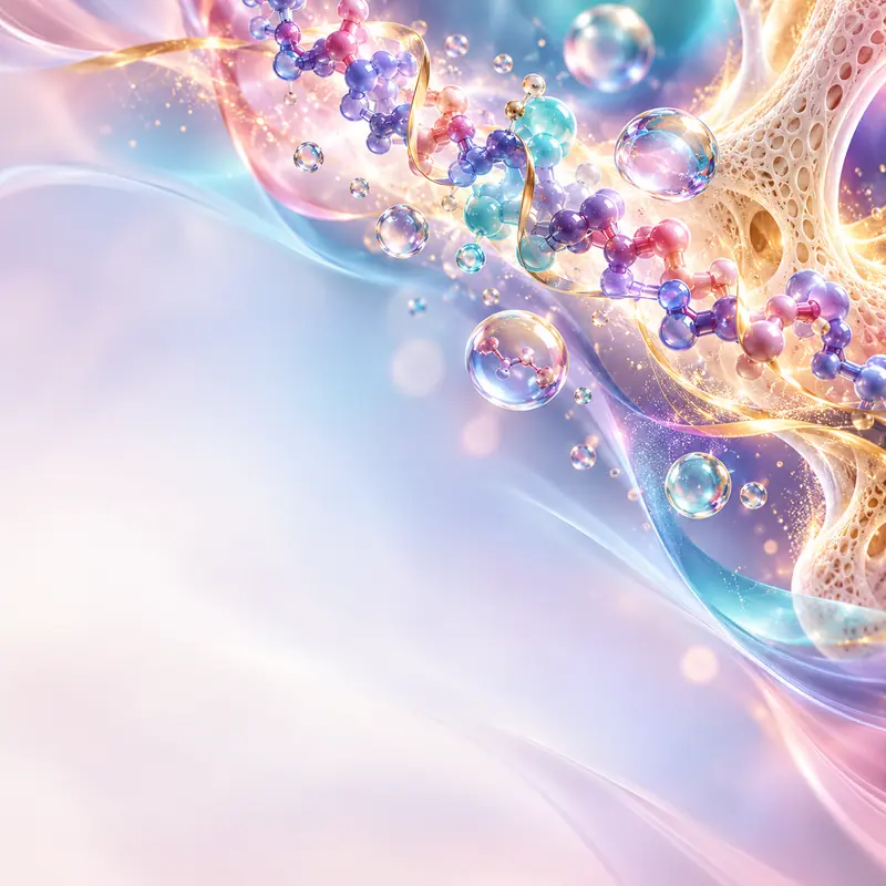 Conceptual protein helix surrounded by luminous cellular patterns.