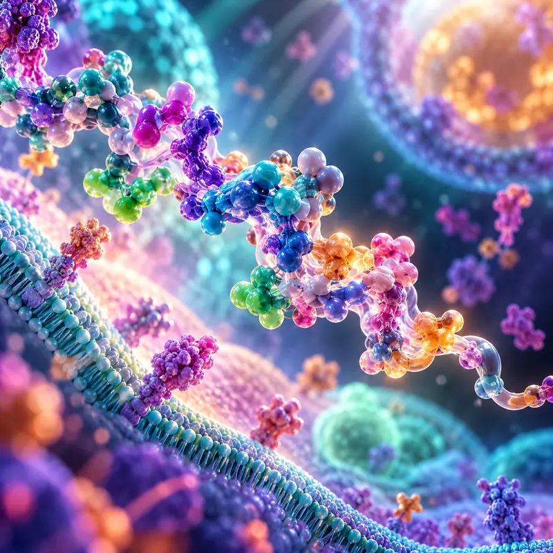 Conceptual colorful molecular chains near a cell membrane.