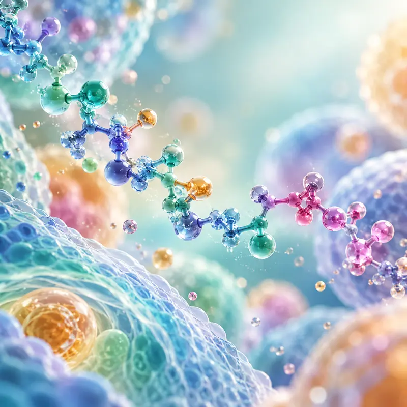 Conceptual molecular chains surrounding softly colored cells.