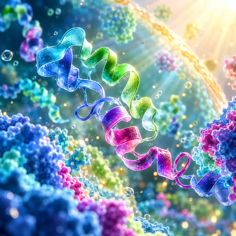 Conceptual multicolored protein ribbon among molecular forms.