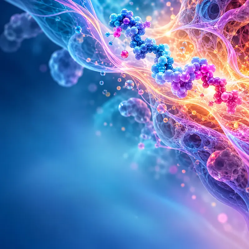 Conceptual molecules beside a glowing network of cell-like branches.