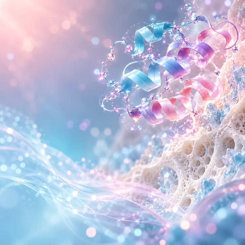 Conceptual pastel protein ribbon above a cellular landscape.
