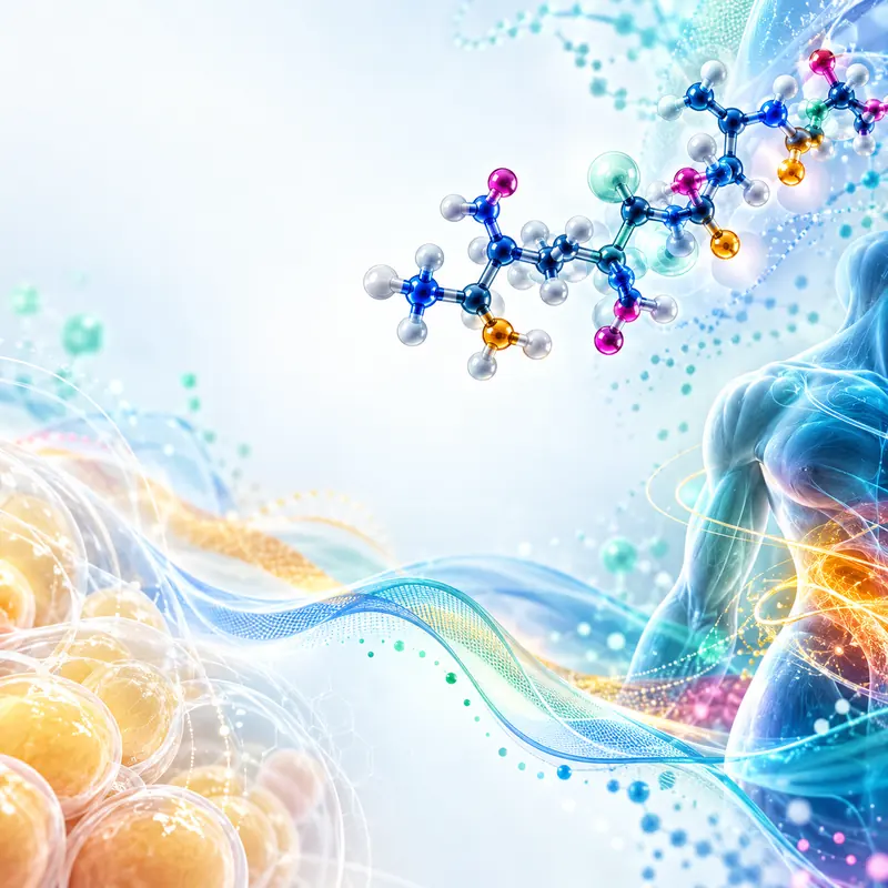Conceptual molecular chain beside a blue cellular interface.