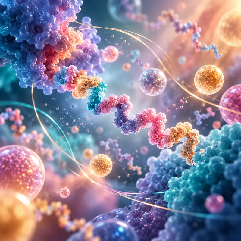 Conceptual molecular network among colorful cellular forms.
