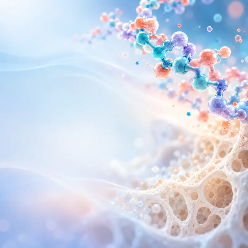 Conceptual molecular chain crossing a pale tissue-like landscape.
