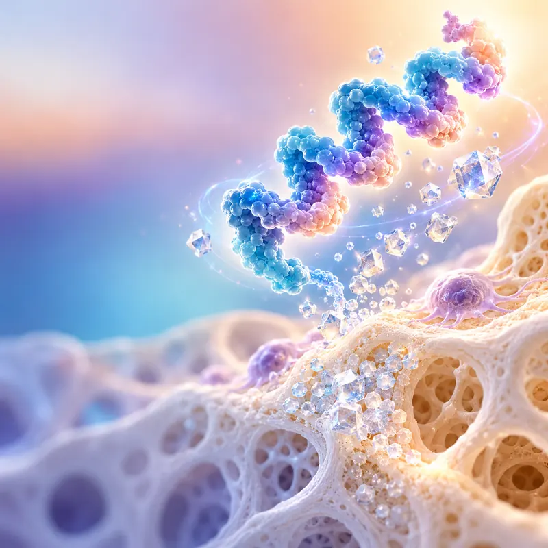 Conceptual blue molecular forms above a tissue-like surface.