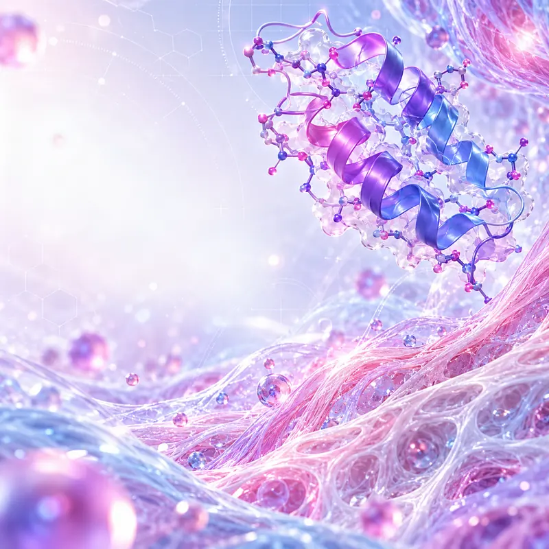 Conceptual violet protein ribbon amid flowing light patterns.