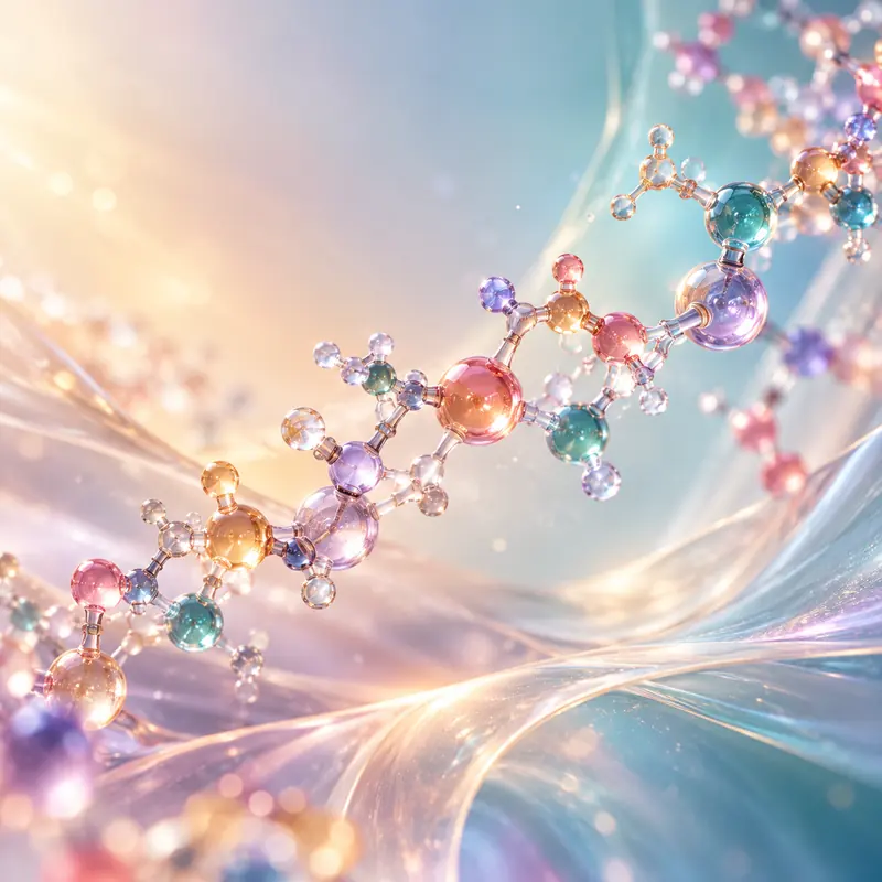 Conceptual molecular chain over warm flowing light patterns.