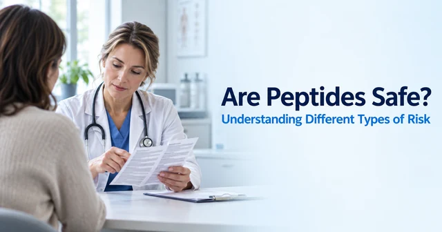 Synthetic editorial illustration of a clinician discussing a medicine information leaflet with a patient, beside the title Are Peptides Safe?