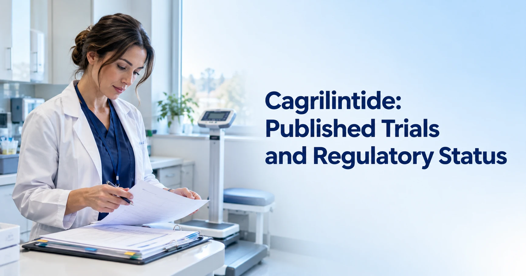 Synthetic illustration of a clinical research coordinator reviewing trial documents beside a weighing scale, illustrating cagrilintide research without depicting an actual trial.