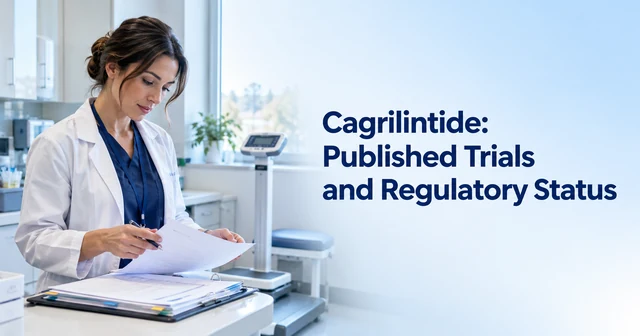 Synthetic illustration of a clinical research coordinator reviewing trial documents beside a weighing scale, illustrating cagrilintide research without depicting an actual trial.