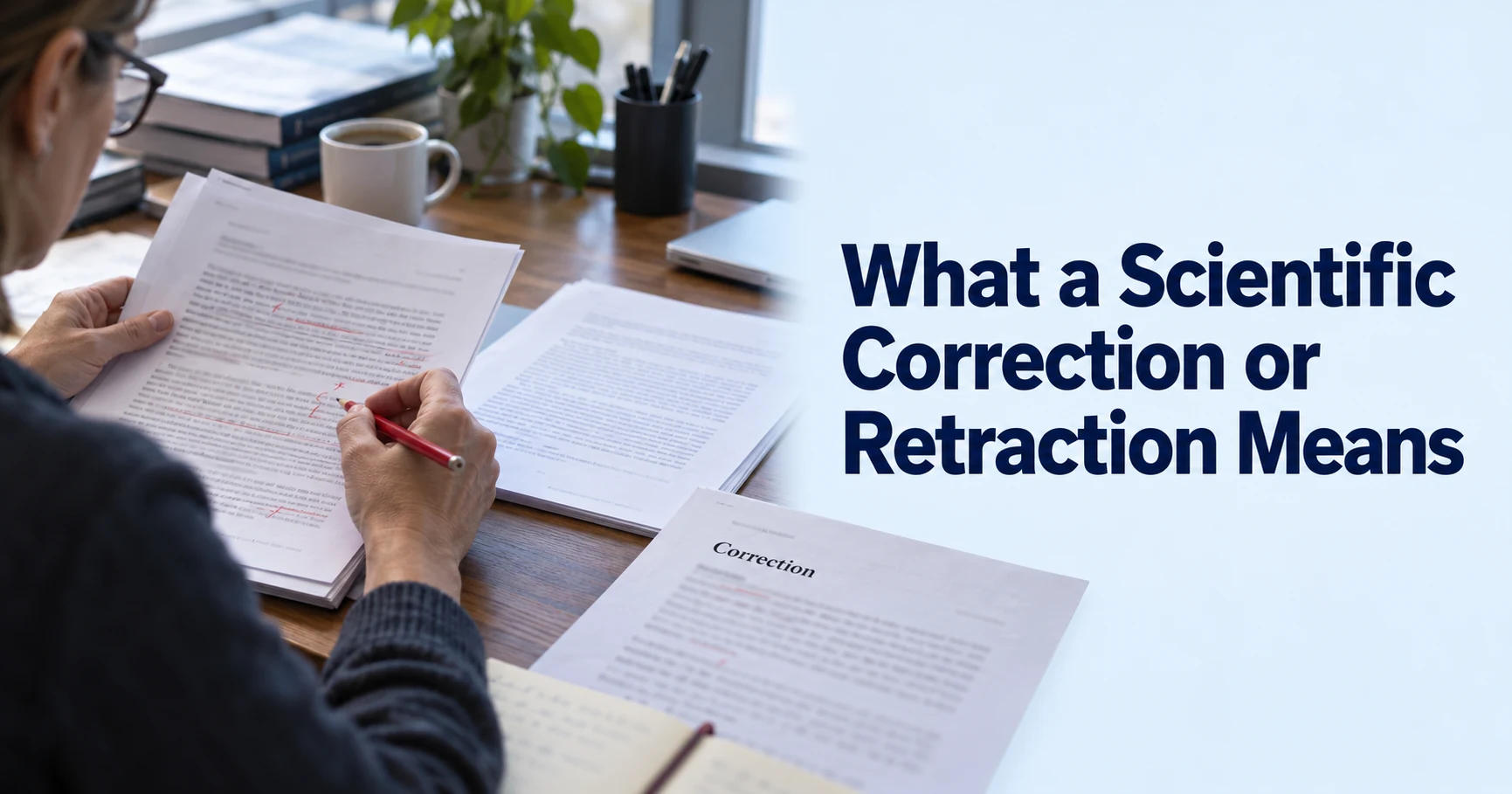 Synthetic editorial illustration of a journal editor reviewing marked manuscript versions and a correction sheet; scientific corrections and retractions title.