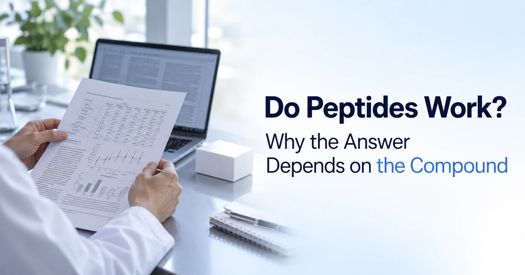 Synthetic editorial illustration of a researcher reading a study report beside a laptop and the title Do Peptides Work?