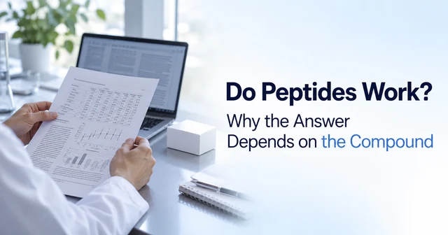 Synthetic editorial illustration of a researcher reading a study report beside a laptop and the title Do Peptides Work?