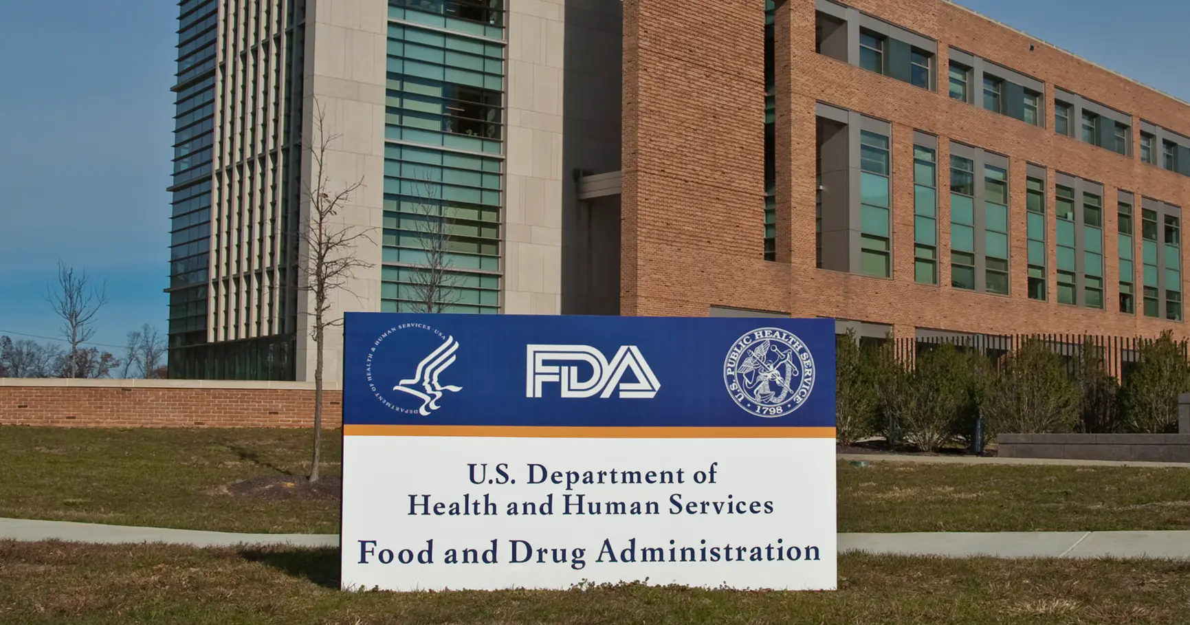 The U.S. Food and Drug Administration sign in front of Building 21 on FDA's White Oak campus in Silver Spring, Maryland, which houses the Center for Drug Evaluation and Research.