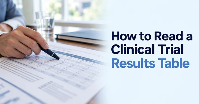 Synthetic editorial illustration of a hand following a printed trial-results table with a capped pen, beside the title How to Read a Clinical Trial Results Table.