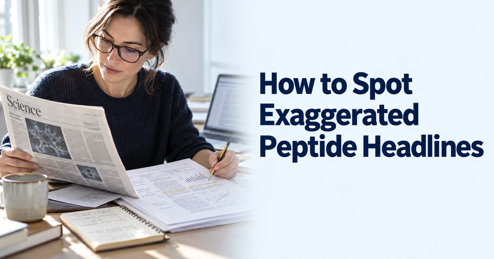 Synthetic editorial scene of a science reader comparing newspaper coverage with a research report; how to spot exaggerated peptide headlines title.