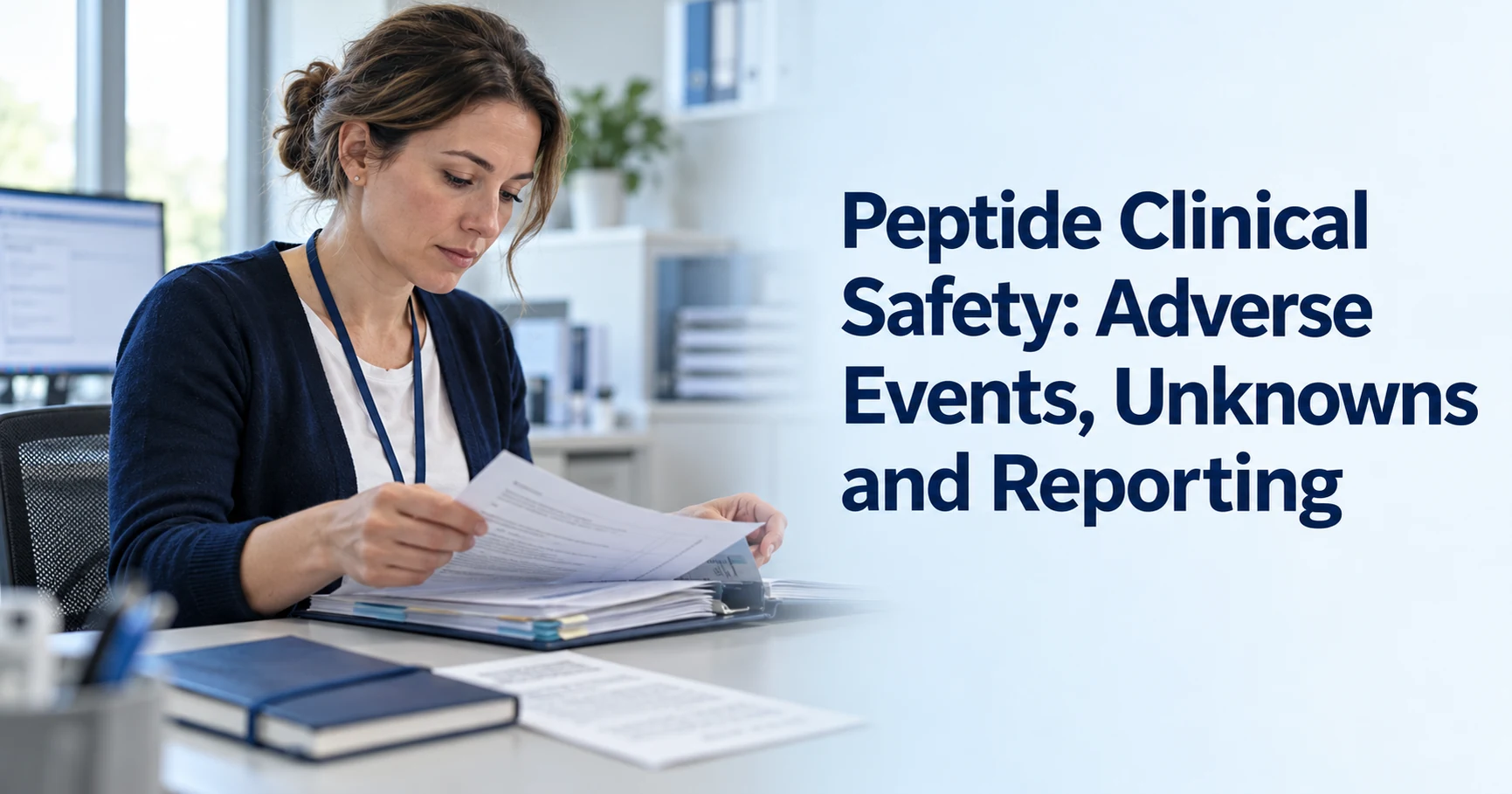 Synthetic editorial illustration of a clinical-trial coordinator reviewing a safety case file beside the article title.