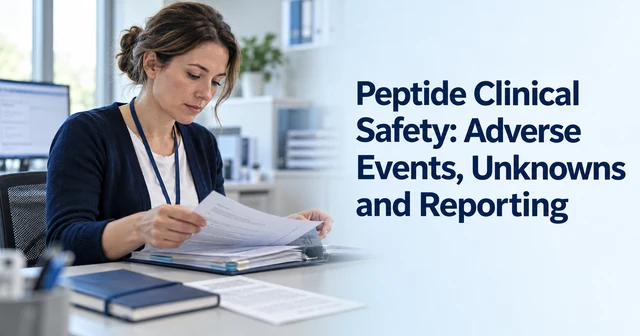 Synthetic editorial illustration of a clinical-trial coordinator reviewing a safety case file beside the article title.