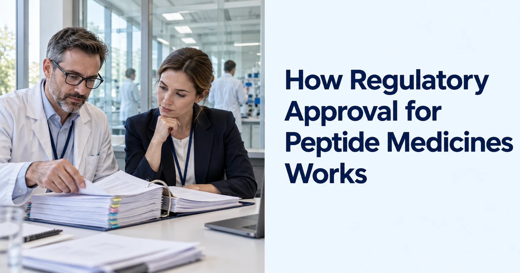 Synthetic editorial illustration of researchers reviewing a tabbed medicine application binder beside the title How Regulatory Approval for Peptide Medicines Works