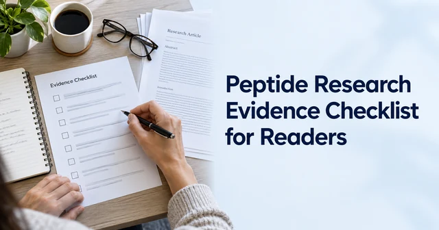 Synthetic overhead illustration of a reader using a printed evidence checklist beside research papers; peptide research checklist title.
