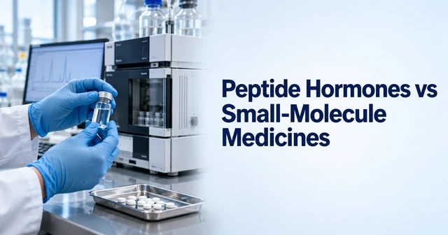 Synthetic laboratory illustration showing gloved hands holding a sample vial beside a chromatograph and unbranded tablets; peptide versus small-molecule medicines title.