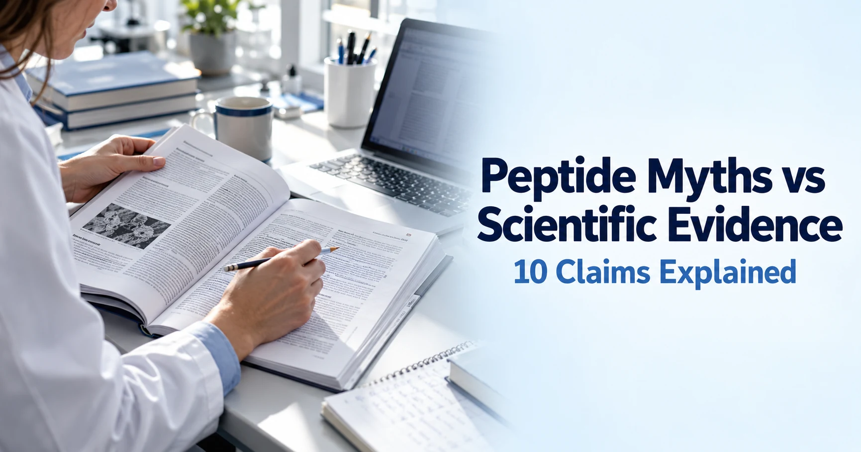 Synthetic editorial illustration of a researcher checking an open scientific journal beside the title Peptide Myths vs Scientific Evidence: 10 Claims Explained.