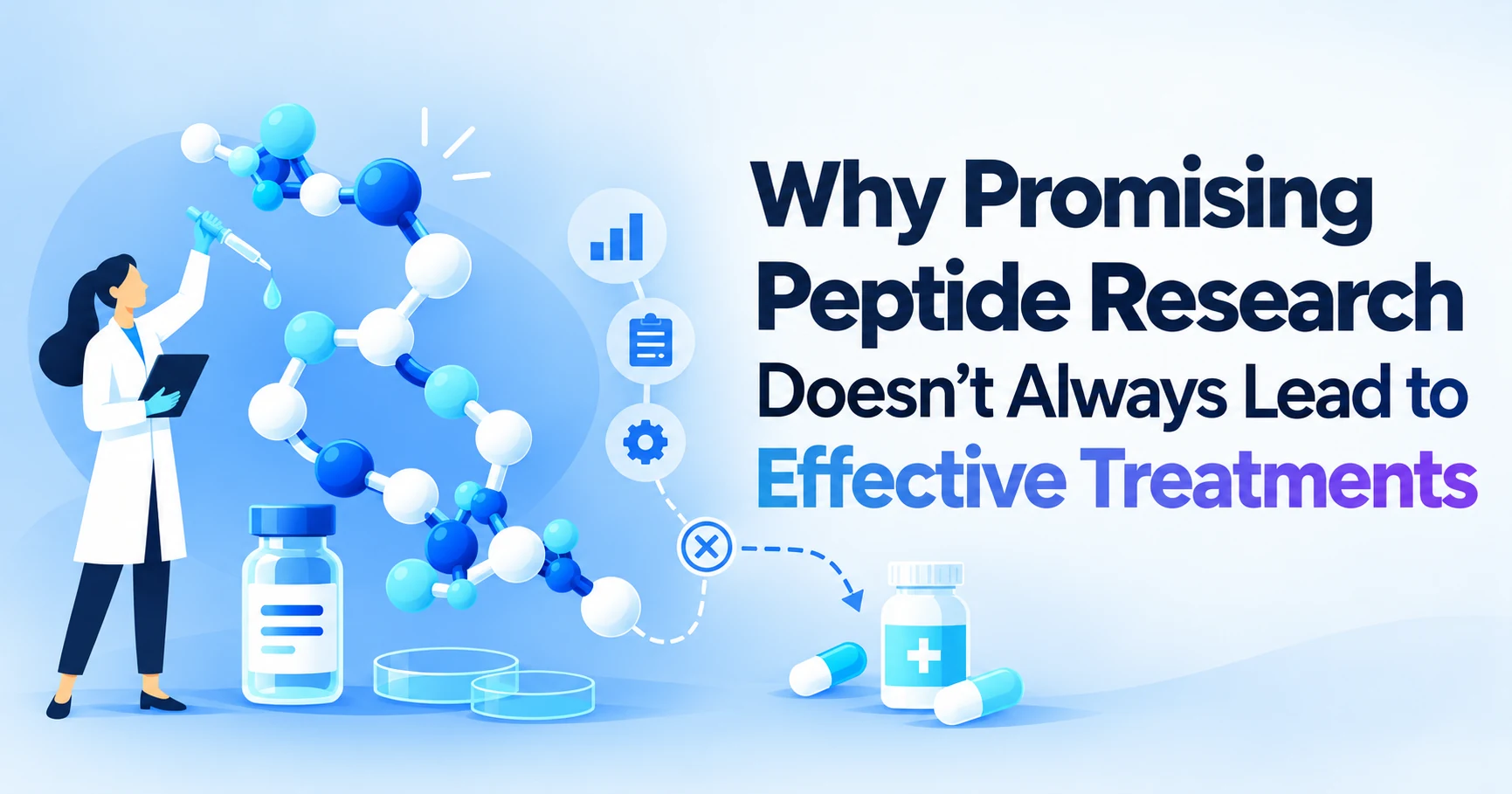 Why promising peptide research does not always lead to effective treatments: scientist, peptide molecule, and a gap between research and medicine