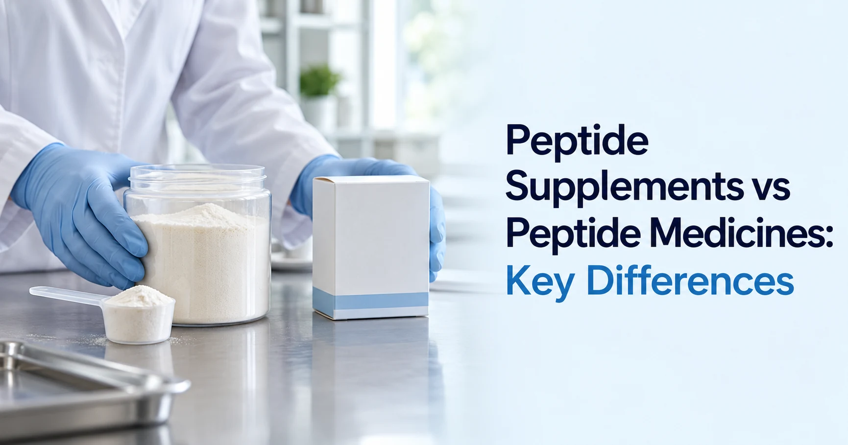 Synthetic editorial illustration comparing an unbranded collagen powder jar and a separate medicine carton beside the title Peptide Supplements vs Peptide Medicines: Key Differences.