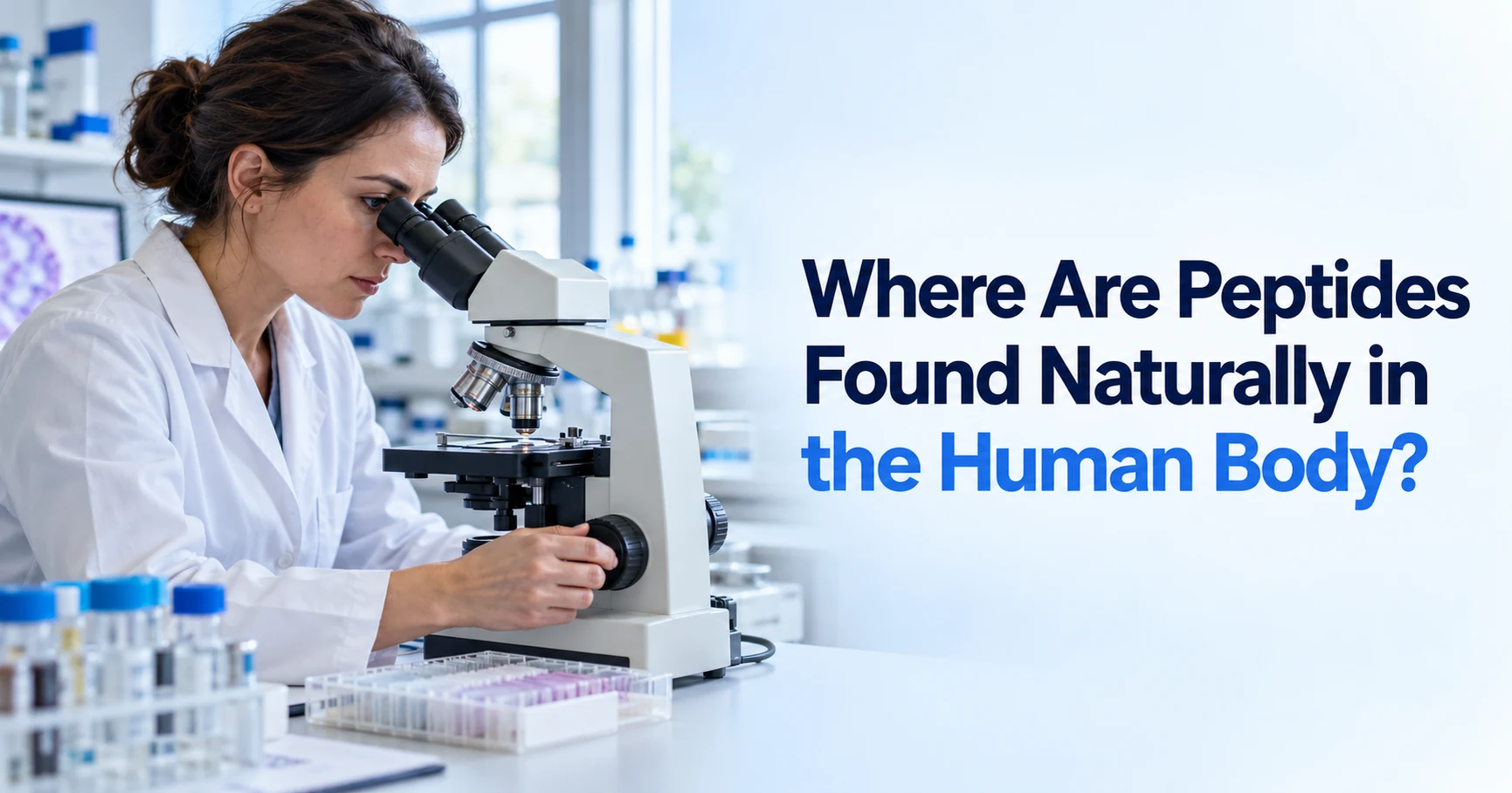 Synthetic editorial illustration of a researcher using a microscope in a histology laboratory beside the title Where Are Peptides Found Naturally in the Human Body?
