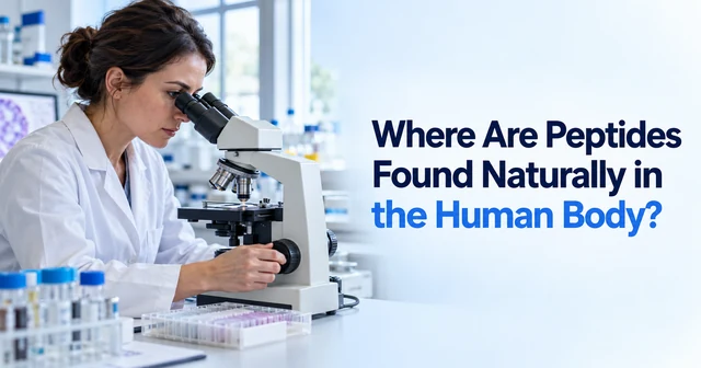 Synthetic editorial illustration of a researcher using a microscope in a histology laboratory beside the title Where Are Peptides Found Naturally in the Human Body?